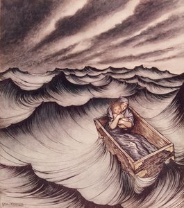 Danae e suo figlio Perseo messi in una cassa e gettati in mare, 1914 da Arthur Rackham